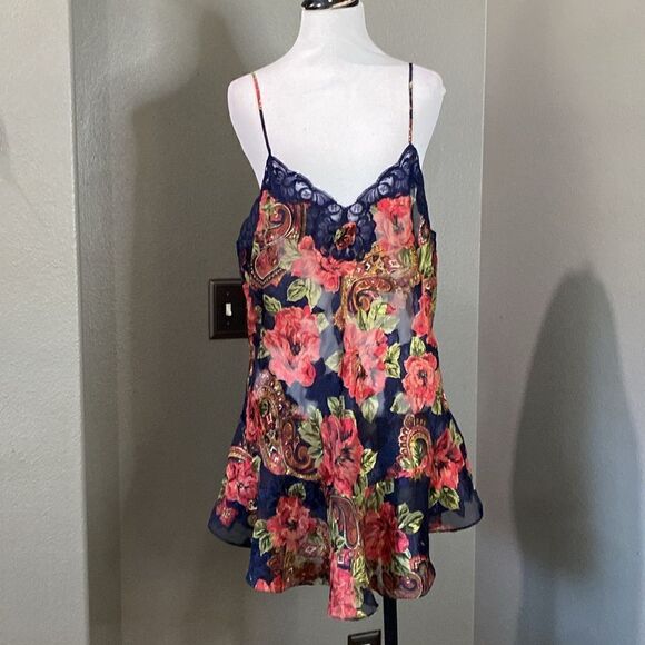 Vintage Gold Label Victorias Secret Floral Mini Nightie Blue Lace Rosette - Picture 12 of 12